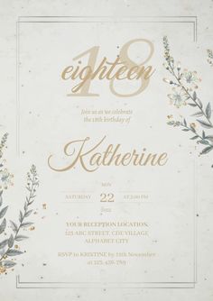 a white and gold birthday party card with floral design on the front, surrounded by greenery