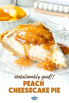 a piece of cheesecake with caramel sauce on top and the words underneath it