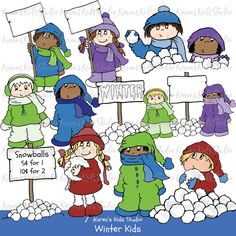 winter kids holding signs and snowballs clipart for children's crafts, cards or t - shirts