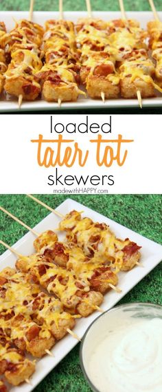 loaded tater tot skewers on a plate with ranch dressing in the background