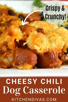 cheesy chili dog casserole recipe on a white plate with text overlay