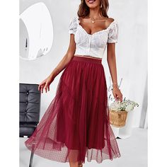 Burgundy Elastic Waist Elegant Swing Midi Skirt High Waist Fitted Tulle Skirt, Fitted High Waist Tulle Skirt, Casual Tulle Maxi Skirt For Spring, High Waist Summer Tulle Skirt, Casual Flowy Tulle Skirt Bottoms, High Waist Tulle Skirt For Summer, Casual Tulle Skirt For Summer, Fitted Casual Tulle Skirt, Casual Mini Tulle Skirt