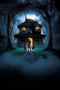 two people standing in front of a creepy house