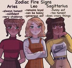 three girls standing next to each other with the words zodiac fire signs on their shirts