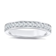 This beautiful natural diamond band is perfect for everyday wear alone or stacking with other rings. The ring consists of 1.25 ct. Baguette Cut natural diamonds in a channel setting halfway along the band for the right amount of sparkle. 1.25 ct. Baguette Cut Natural Diamond Band in Channel setting Item Features * Metal Stamp: 14k, 18k, or Platinum * Gold: Yellow, White, and Rose * New in box with tags * Brilliant Round Cut natural diamonds * Total CTW: 1.25 carats * Diamond Color: H * Diamond C Stackable Baguette Cut Diamond Ring For Anniversary, Diamond White Eternity Band With Baguette Diamonds For Anniversary, Diamond White Eternity Band With Baguette Diamonds, White Eternity Band With Baguette Diamond Cut, Stackable Diamond Ring With Baguette Cut, White Baguette Diamond Eternity Band For Anniversary, Anniversary Stackable Emerald Cut Baguette Diamond Rings, Emerald Cut Diamond Eternity Band With Baguette Diamonds, Emerald Cut Baguette Diamond Stackable Rings