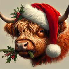 a painting of a yak wearing a santa hat with holly berries on it's horns