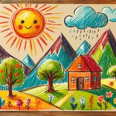 a drawing of a house with trees and mountains in the background, painted by children