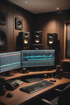 a desk with two computer monitors and sound mixing equipment on it, in front of speakers