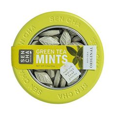 green tea mints in a tin on a white background with the label above it