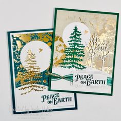 two christmas cards with gold foil and evergreen trees