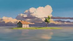 a painting of a house on an island in the middle of water with clouds above it