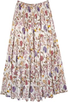 This summerish long maxi skirt is crafted from breathable cotton, providing both comfort and style.  The skirt features a lush floral print with a diverse range of blooming flowers and foliage in shades of purple, red and yellow on a white background, imparting a vibrant, nature feel. #tlb #Crinkle #TieredSkirt #vacationclothing #Floral #Printed #XLPlus #MaxiSkirt #TieredSkirt #FloralSkirt Spring Floral Print Maxi Skirt, Floral Print Long Maxi Skirt For Spring, Summer Maxi Skirt For Garden Party, Summer Floral Print Maxi Skirt For Garden Party, Bohemian Floral Print Maxi Skirt For Spring, Floral Print Maxi Skirt For Summer Garden Party, Floral Print Flared Maxi Skirt For Garden Party, Relaxed Tiered Maxi Skirt For Garden Party, Summer Garden Party Floral Maxi Skirt