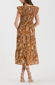 A linear print boosts the whimsical appeal of a midi-length dress shaped by a smocked bodice and delicate fluttering sleeves. 50" length (size Small) Back keyhole with button closure 80% rayon, 20% nylon Hand wash, line dry Imported Brown Fits, Dress Shapes, Midi Length Dress, Nordstrom Store, Midi Length, Nordstrom Rack, Smocking, Bodice, Midi Dress