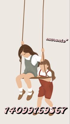 two girls on a swing with the words happy birthday written in red and white above them