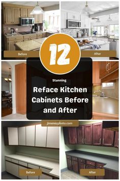 kitchen cabinets before and after remodeling with text overlay that reads 12 amazing reface kitchen cabinets before and after