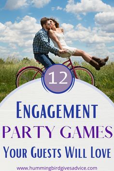 a man and woman on a bike with the words engagement party games your guests will love