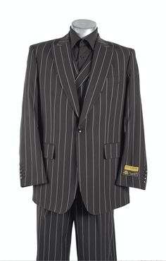 Mens 1930s Suits - Black Pinstripe Suit Luxury Pinstripe Suits For Workwear, Luxury Pinstripe Semi-formal Suits, Elegant Tailored Pinstripe Sets, Elegant Striped Formal Sets, Striped Notch Lapel Business Sets, Business Striped Notch Lapel Sets, Formal Pinstripe Notch Lapel Sets, Elegant Striped Fitted Sets, Elegant Fitted Striped Sets