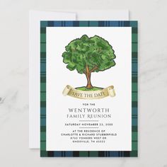 a wedding save the date card with a tree