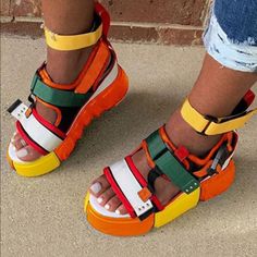 Women’s Wedge Sandal Boots! Super Cute And Comfortable!Only One Left In Size 10 In Multi Orange Chunky Gladiator Sandals, Ladies Casual Shoes, High Heel Gladiator Sandals, Spring Magic, Gladiator High Heels, Block Sandals, Chic Heels, Legging Sport, Super High Heels