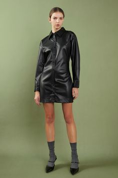 This cinched mini dress from English Factory is a must-have for your wardrobe. Faux Leather Mini Dress, Summer Style Guide, Layered Sweater, English Factory, Casual Party Dresses, Knit Outerwear, Leather Mini Dress, Dress Back, Fashion Night