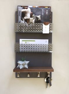 there is a book shelf with several books on it and two keys hanging from the hooks