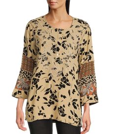 From John Mark&#x2C; this tunic top features:Woven fabricationRound neckline3/4 sleevesMixed printFloral embroidery detailingPullover constructionApprox. 29-30" lengthViscose/rayon/polyester  Machine wash/tumble dry Imported. Tunic Blouse, Mixing Prints, Dillard's, Color Khaki, Easy Wear, Tunic Top, Modern Woman, Womens Clothing Tops, Fashion Forward