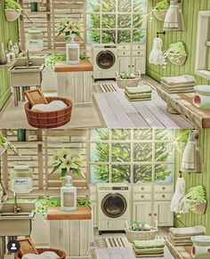 this is a collage of pictures of a kitchen and laundry room with green walls