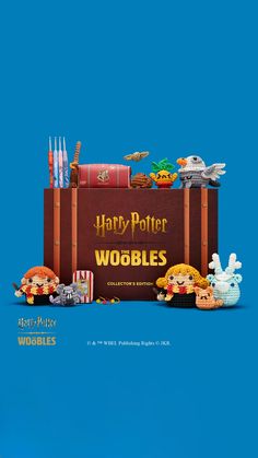 an advertisement for the harry potter wobbles movie with various toys in front of it