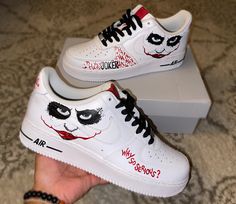 Joker themed hand painted Nike Air Force 1's Custom Shoe Designs, Painted Nike Air Force, White Forces, Custom Sneakers Diy, Painted Nikes, Nike Air Force 1s, Air Force 1s, Custom Air Force 1, Shoe Designs