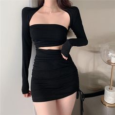 REFIA Long Sleeves Top And Cut Out Mini Dress - ithelabel.com Dress With Shrug, Long Sleeve Shrug, Shrug For Dresses, Mini Sheath Dress, Mini Bodycon Dress, Mini Tank Dress, Half Skirt, Beauty Dress, Tube Dress