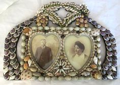 an old photo frame with two heart shaped pictures