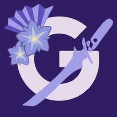 the letter g is surrounded by scissors and flowers on a purple background with white letters