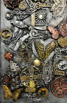 mixed media collage with various metal objects and symbols, including an eyeball in the center