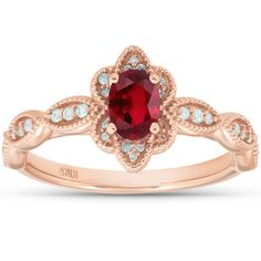 This fashionable womens ring features a 6x4 oval genuine ruby and 32 round brilliant cut genuine diamonds.  The diamonds are prong set in solid durable 10k rose gold high polished vintage flora style ring. This is the perfect unique ring to add to your collection. Gold Promise Rings, Engagement Ring Rose Gold, Flower Engagement Ring, Womens Ring, Morganite Diamond, Promise Rings For Her, Moissanite Wedding Rings, Rose Engagement Ring, Ring Rose Gold