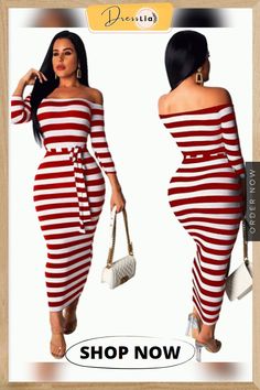 New Women's Fashion Off Shoulder Long Sleeve Midi Skirt Slim Stripe Party Dress Bodycon Dress Dress Bodycon, Color Pick, Long Sleeve Midi, New Woman, Dress Length, Daily Wear, Strapless Dress, Midi Skirt, Off Shoulder