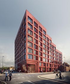 an artist's rendering of a red brick building on the corner of a street