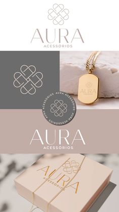 the logo for aura accessories is shown in three different colors and font styles, including gold