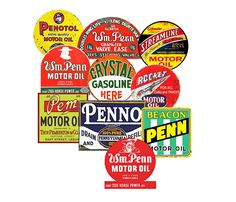 an assortment of vintage gas signs are arranged in the shape of a heart on a white background