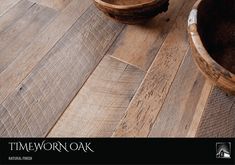 two wooden buckets sitting on top of a floor next to each other with the words timewornoak written above them