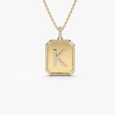 "Diamond Initial Necklace / 14k Tag Diamond Initial Necklace / Personalized Diamond Jewelry / Diamond Letter Necklace by Ferkos Fine Jewelry Features * Made to Order  * Gold Kt: 14K (also available in 18K) * Available Gold Colors: Rose Gold, Yellow Gold, White Gold * Height: 15.25MM Tag + 5.50 MM Bail = 20.75MM * Width: 12.65 MM * Round Diamond: 60 Pcs 1.0 MM * Baguette Diamond: 4 pcs 2 x 1 MM * Diamond Carat Weight: 0.38 ctw * Ready to ship in 7-10 Business Days If you have any additional questions about this ring, just hit the \"Ask a Question\" button (just to the right of the price) and we will get back you within a few hours.  ▶ See more of our Diamond Necklace - http://etsy.me/2mqa6O1 ▶ See our storefront here - http://etsy.me/2lUcVnH  ▶ All store sections here * Diamond Rings - http Luxury Gold Diamond Initial Pendant Necklace, Luxury Diamond Necklace With Initial Pendant In Brilliant Cut, Yellow Gold Necklaces With Initials On Square Pendant, Yellow Gold Rectangular Diamond Necklace For Gift, Necklace White Gold, Diamond Initial Necklace, Gold Armband, Gold Charm Necklace, Personalized Pendant