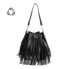 Also Available At Www.Copper-Cactus.Com - Free Shipping Over $100 Made Of Recycled Vegan Leather, Julie Shoulder Bag Is Defined By Its Fun And Frilly Fringe Detailing That Covers The Entire Body Of The Handbag. The Bucket Silhouette Offers A Spacious Interior That Will Hold All Your Everyday Needs. Adjustable And Detachable Crossbody Strap Included. Recycled Vegan Leather 7"W X 9.5"H X 5"D Handle Drop: 9" Strap Length: 27.5-50.5" Drawstring Closure Gold-Tone Hardware Interior Zip & Slot Pockets Melie Bianco, Fringe Bags, Online Bags, Black Handbags, Black Media, Crossbody Strap, Handbag Accessories, Leather Shoulder Bag, Bucket Bag