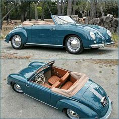 two pictures of an old blue convertible car