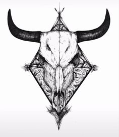 a bull's skull with long horns is shown in the middle of this drawing