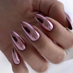 24pcs Medium almond fake nails metallic mirror red black purple blue golden tips faux ongles y2k Purple Chrome Nails, Almond Gel Nails, Pink Chrome Nails, Nagellack Trends, Chrome Nails Designs, Medium Almond, Metallic Nails, Artificial Nails, Chrome Nails