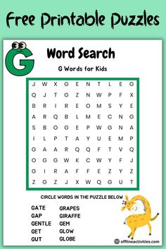 a printable word search for kids with the letter g