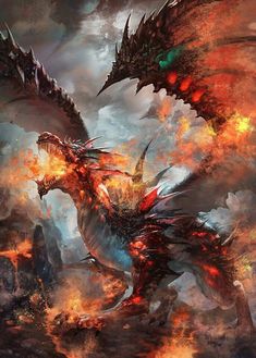 a painting of a fire breathing dragon