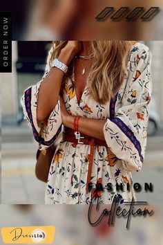 Fashion Printed Bohemian Long Dress Spring Patterned V-neck Boho Dress, Beige Bohemian Mini Dress For Brunch, Bohemian Beige Mini Dress For Brunch, Hippie V-neck Mini Dress For Spring, Boho Mini Dress For Beach In Fall, Bohemian Multicolor Floral Dress For Vacation, Bohemian Fall Vacation Dresses, Fall Bohemian Boho Dress For Vacation, Multicolor Bohemian Floral Dress For Vacation