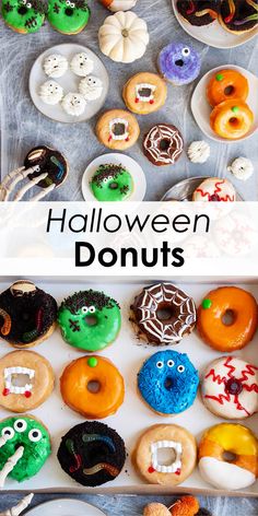 there are many different donuts on the table with words that read halloween donuts