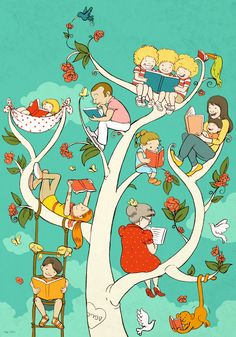 children are sitting in the tree reading books