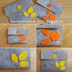 four pictures showing how to make felt flower pouches with felt flowers and leaves on them